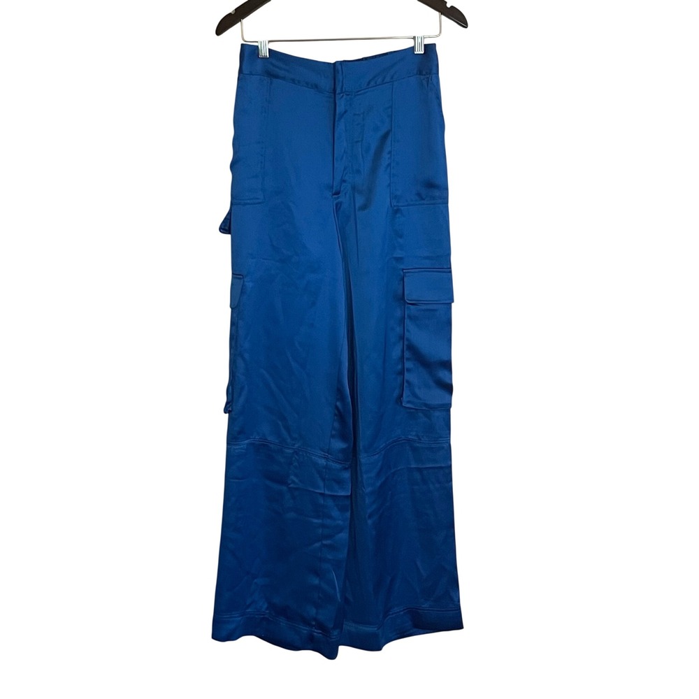 House of Harlow 1960 Blue Satin Wide Leg Cargo Pants Small High Rise Utility